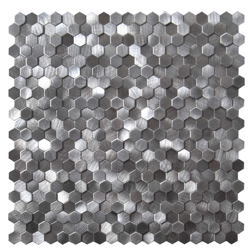 KASARO Kitchen Backsplash Peel and Stick Tiles, Hexagon Penny Metal Mosaic Tiles, 8 Pieces 3D Self Adhesive Wall Tiles Decorative for Living Room, Bathroom, Fireplace, 12â€x12â€, Gray - Image 1